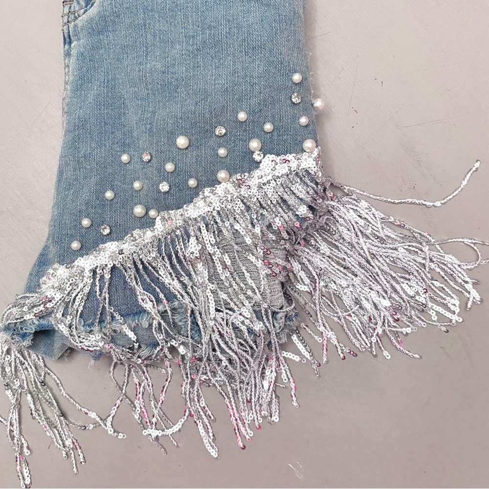 Ripped Denim Delicate Pearl Rhinestones Fringe Tassel High Waist Jean Shorts - Picture 3 of 9